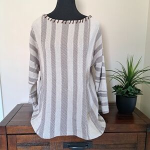 Chaps Striped Sweater Women's Large Cream Taupe 3/4 Sleeve Neutral Top